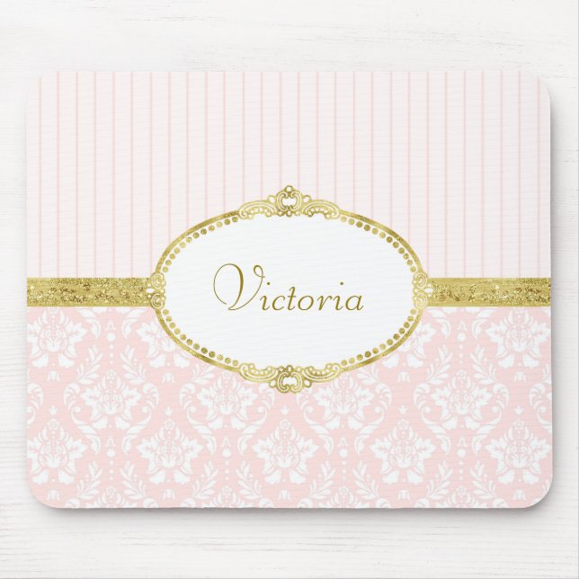 Mousepad Nome e quadro Dourados do Damasco Rosa Elegante (Frente)