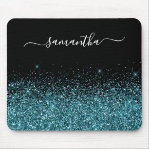 Mousepad Nome Elegante de Glitter de Teal Preto e Escuro