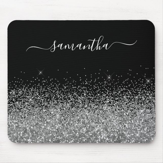 Mousepad Nome Elegante Glitter Preto e Prateado (Frente)
