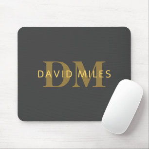 Mousepad Nome Elegante & Monograma Dourado & Cinza Escuro