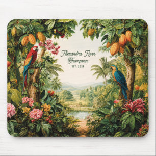 Mousepad Nome Estilo Aquarela Flores Papagaios Cacau Tropic