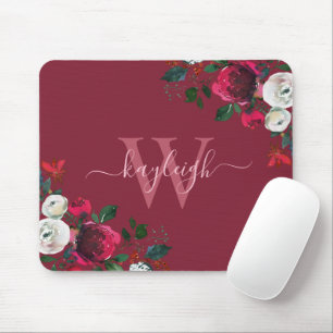 Mousepad Nome Floral De Burgundy Watercolor Monogramado