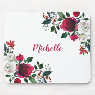 Mousepad Nome floral do rosa da peônia da aguarela de