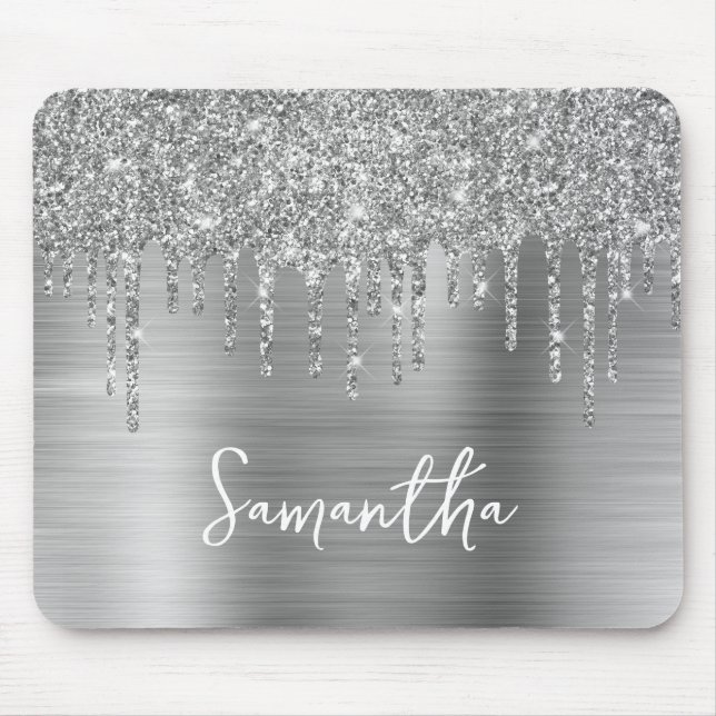 Mousepad Nome Glam com Brilho Prateado Caindo (Frente)