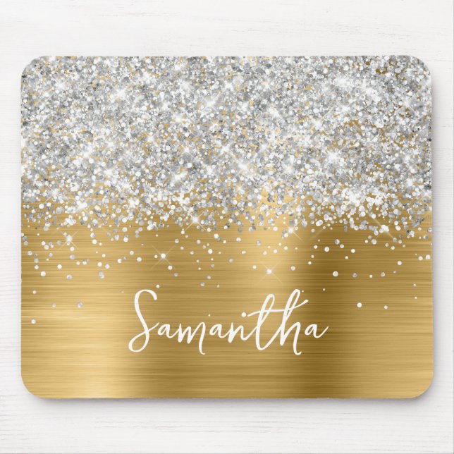 Mousepad Nome Glam Dourado Brilho Prateado (Frente)