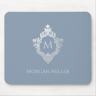 Mousepad Nome Monograma Azul Empoeirado Suntuoso Brasão Ant