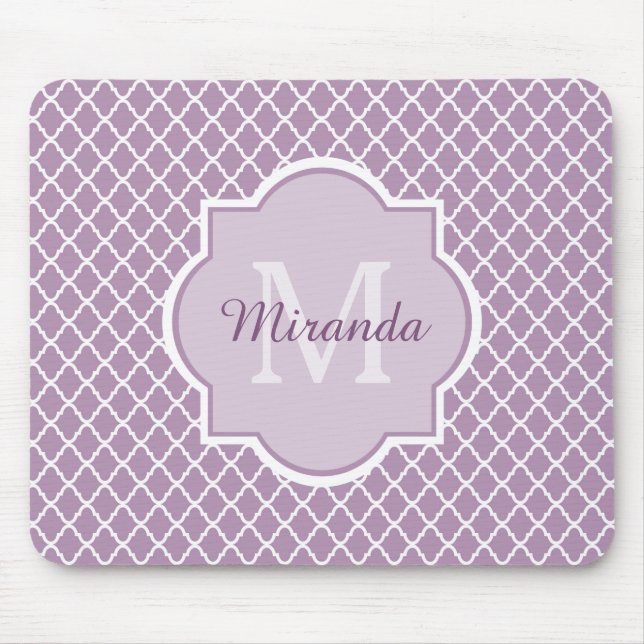 Mousepad Nome Monograma do Quatrefoil Roxo de Lavanda bonit (Frente)