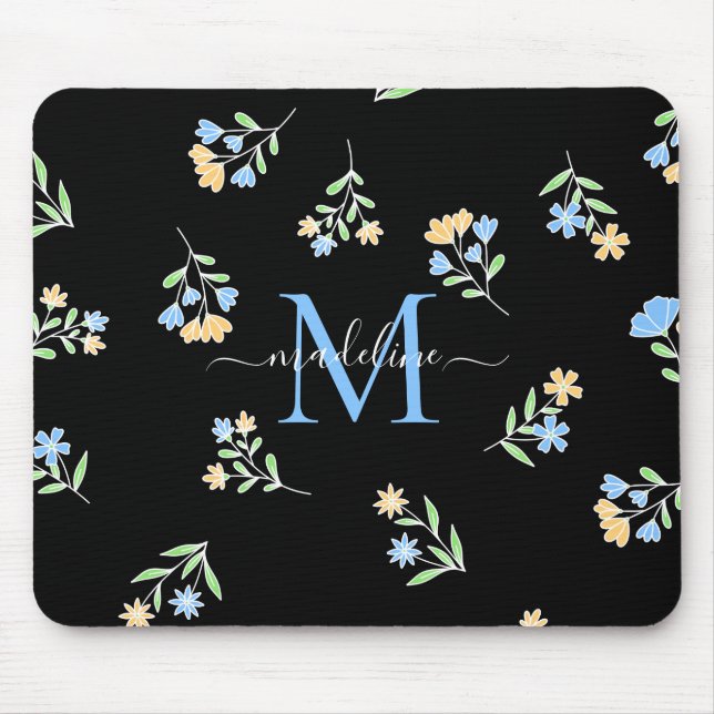Mousepad Nome monograma e amarelo azul inicial (Frente)