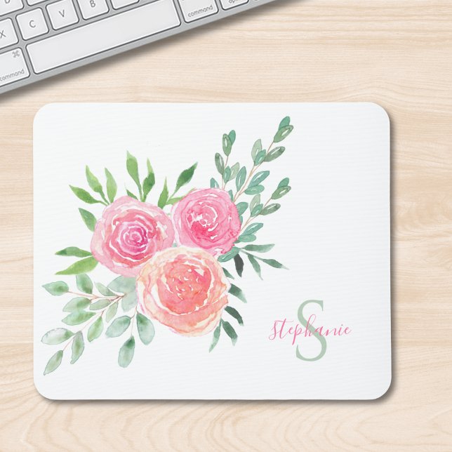Mousepad Nome Monograma Floral Watercolor (Criador carregado)