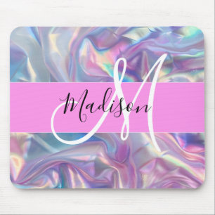 Mousepad Nome Monograma Holográfico Iridescente Rosa Femini
