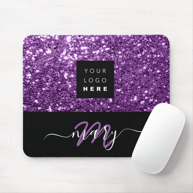 Mousepad Nome Monograma Logotipo Glitter Roxo Mínimo (Com mouse)