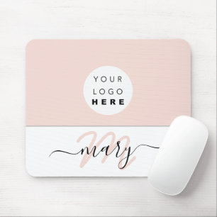 Mousepad Nome Monograma Logotipo Personalizado Branco Rosa 