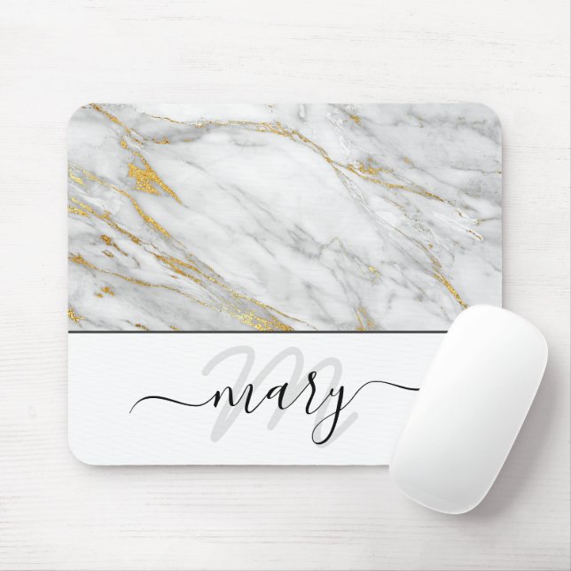 Mousepad Nome Monograma Marble Cinza branca Abstrato (Com mouse)