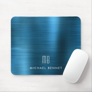 Mousepad Nome Monograma Metálico Azul Elegante