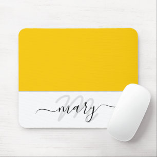 Mousepad Nome Monograma Mínimo Amarelo Limão Branco Moderno