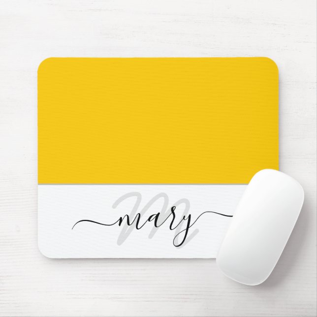 Mousepad Nome Monograma Mínimo Amarelo Limão Branco Moderno (Com mouse)