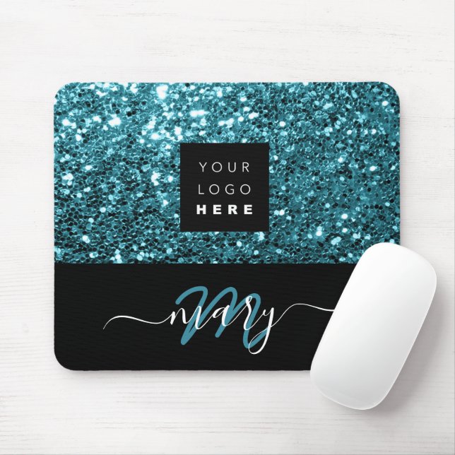 Mousepad Nome Monograma Mínimo Blue Glitter Logo (Com mouse)