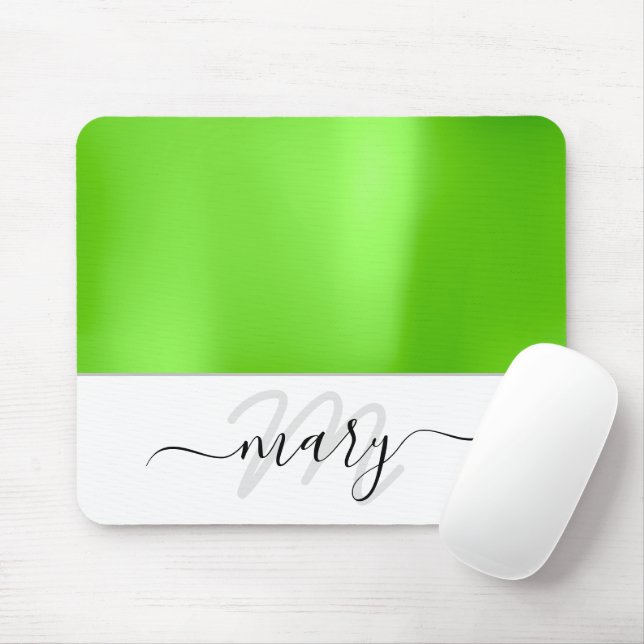 Mousepad Nome Monograma Mínimo Verde Branco Verde Moderno (Com mouse)