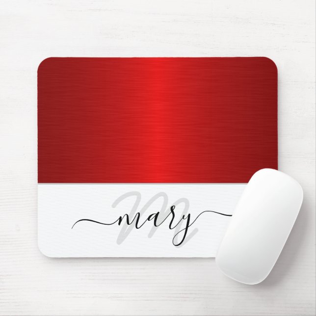 Mousepad Nome Monograma Mínimo Vermelho Branco Branco Moder (Com mouse)