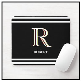 Mousepad Nome Monograma Personalizado Preto Branco Moderno 