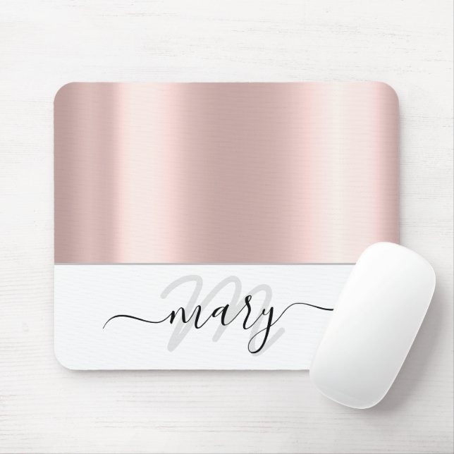Mousepad Nome Monograma Rosa mínimo Blush White Modern (Com mouse)
