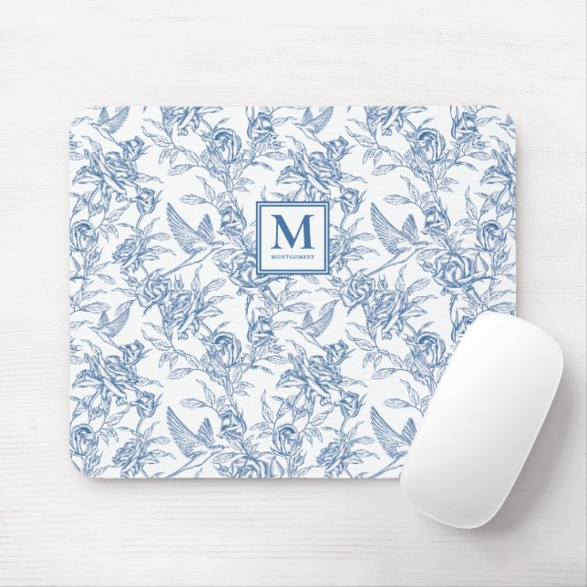 Mousepad Nome Monograma Toile de Jouy Francesa Azul (Com mouse)