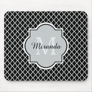 Mousepad Nome Monogrammed preto e branco moderno de