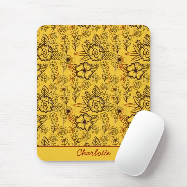 Mousepad Nome personalizado amarelo padrão uniforme floral (Com mouse)