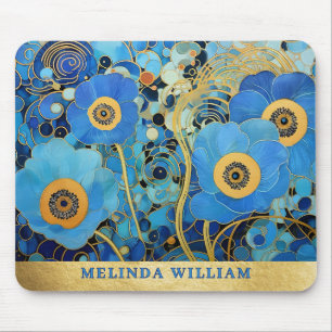 Mousepad Nome Personalizado Art Blue Flowers Dourado Abstra