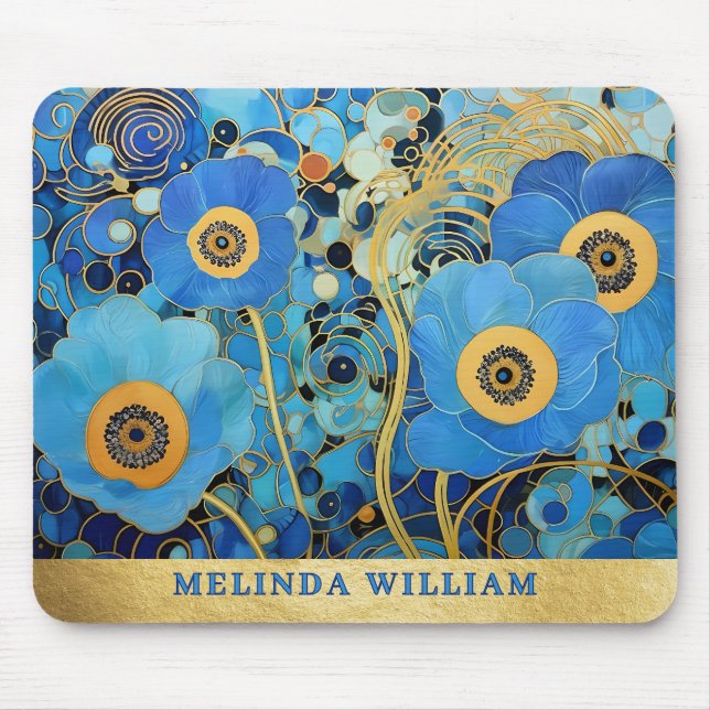 Mousepad Nome Personalizado Art Blue Flowers Dourado Abstra (Frente)
