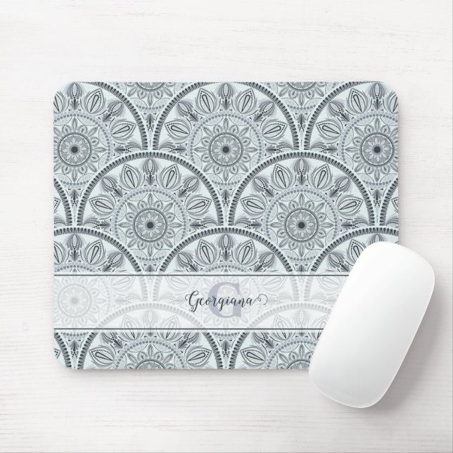 Mousepad Nome Personalizado Art Deco Floral Harmonia Cinza  (Com mouse)