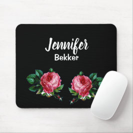 Mousepad Nome personalizado de flor rosa-vírgula preto