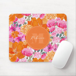 Mousepad Nome Personalizado de Jardim Floral Laranja e Rosa