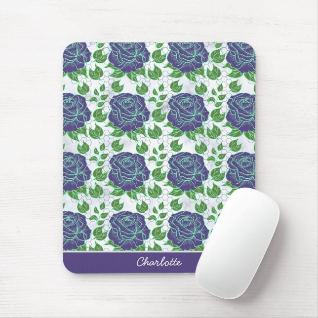 Mousepad Nome personalizado de padrão uniforme floral roxo (Com mouse)