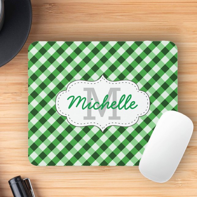 Mousepad Nome Personalizado do Padrão Gingham Verde Elegant (Criador carregado)