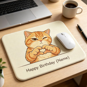 Mousepad Nome Personalizado Feliz Aniversário Gato Laranja 