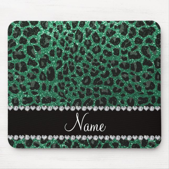 Mousepad Nome personalizado mint verde brilho leopardo (Frente)