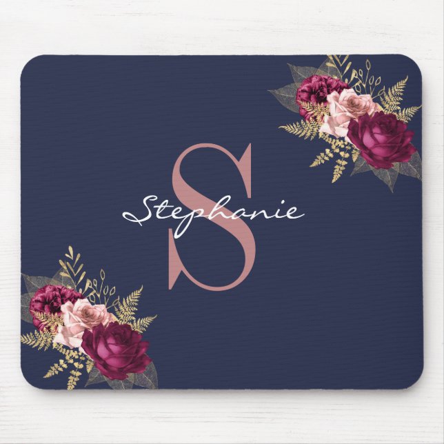 Mousepad Nome Personalizado Monograma Rosa Brilhante Dourad (Frente)