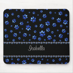 Mousepad Nome personalizado, patas de cão com brilho azul