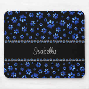 Mousepad Nome personalizado, patas de cão com brilho azul