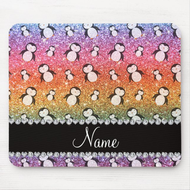 Mousepad Nome personalizado pinguins brilhantes do arco-íri (Frente)
