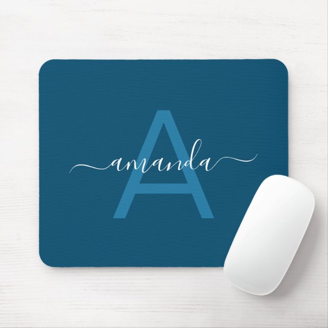 Mousepad Nome Personalizado Simples e Azul Monograma Person (Com mouse)