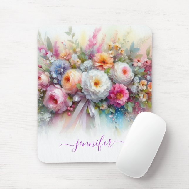 Mousepad Nome Script Flores Aquarela Elegante Vertical (Com mouse)
