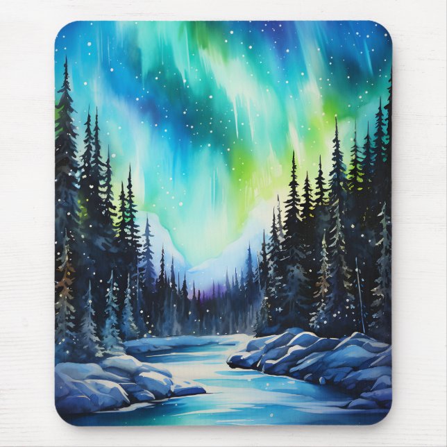 Mousepad Norte de Aquarela Luzes aurora borealis (Frente)