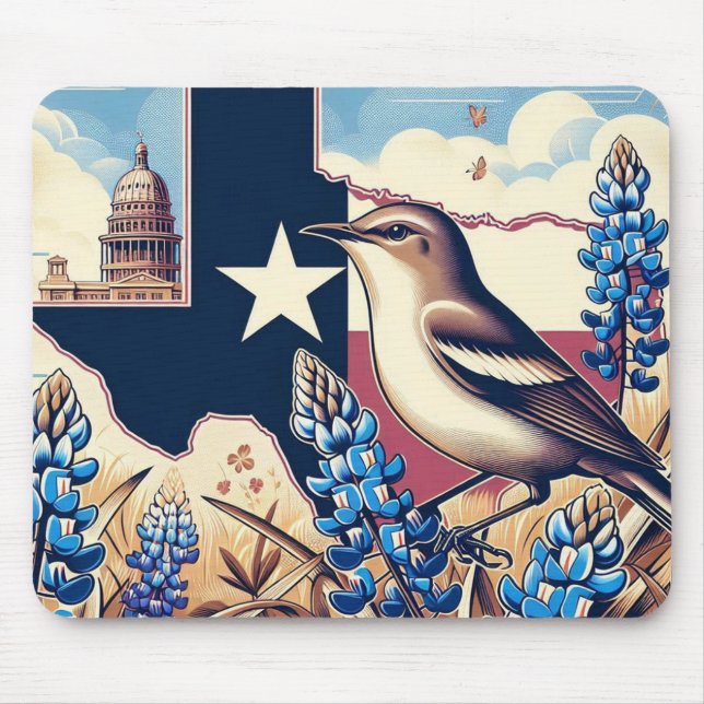 Mousepad Norte Texas Mockingbird e Bluebonnet Flower (Frente)