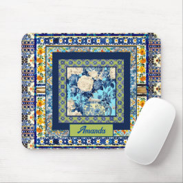 Mousepad Nota de monograma elegante de azulejo azul floral