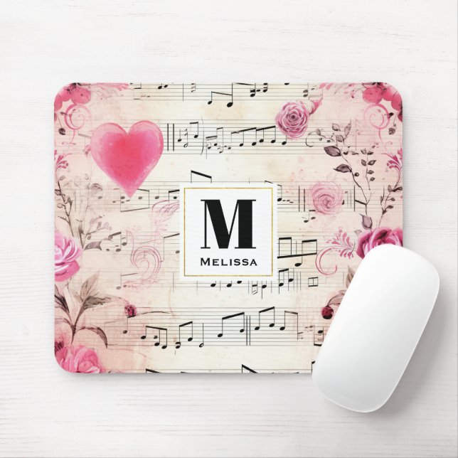 Mousepad Notas Musicais e Rosas Vintage Design (Com mouse)