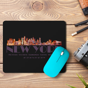 Mousepad Nova Iorque Skyline. Boroughs e coordenadas