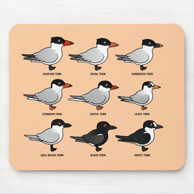 Mousepad Nove andorinhas-do-mar de Birdorable (etiquetadas) (Frente)