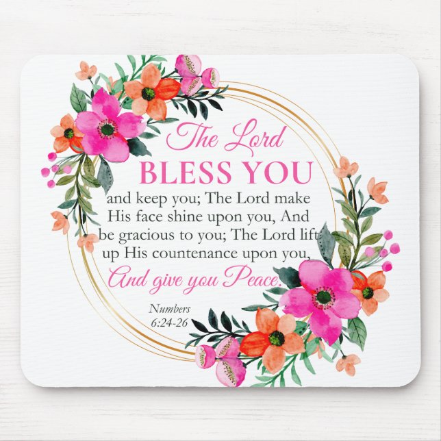 Mousepad Números 6:24-26 Cristão Floral Cor-de-Rosa (Frente)